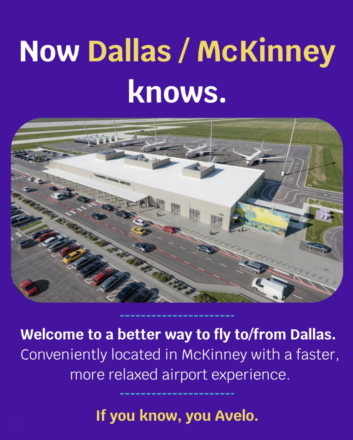 Avelo Airlines social post announcing Dallas / McKinney airport