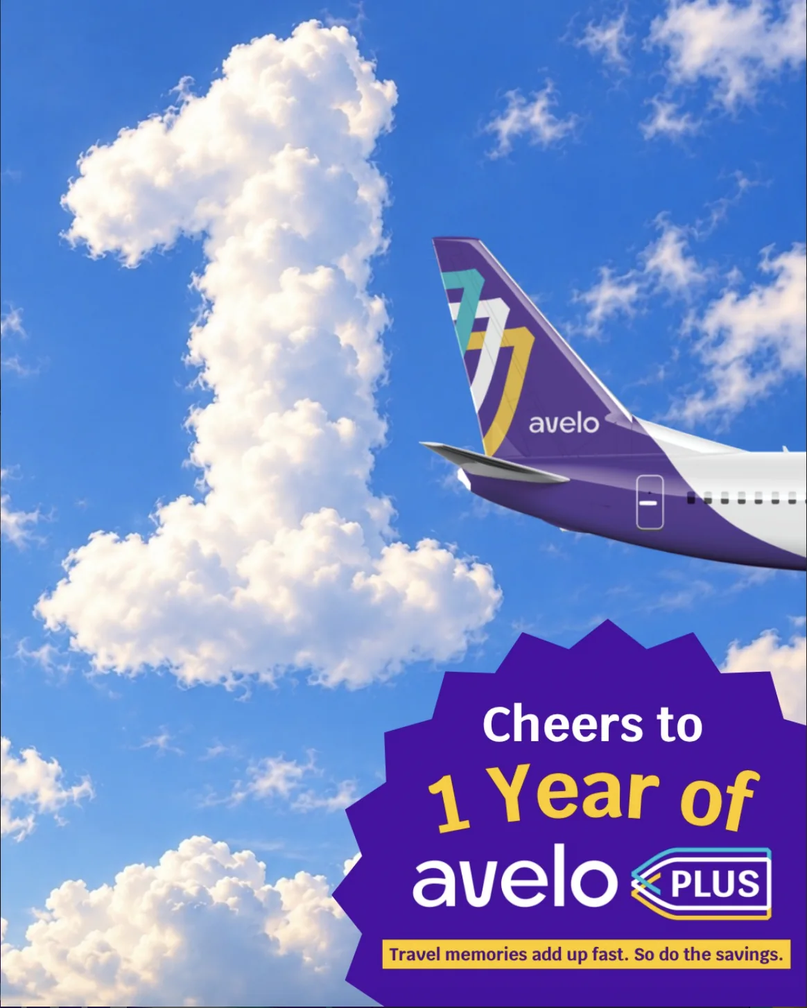 Avelo Airlines graphic celebrating one year of Avelo Plus