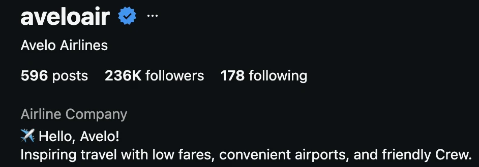 Avelo Airlines Instagram profile showing 236K followers