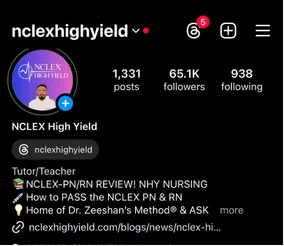 NCLEX High Yield Instagram profile showing 65.1K followers